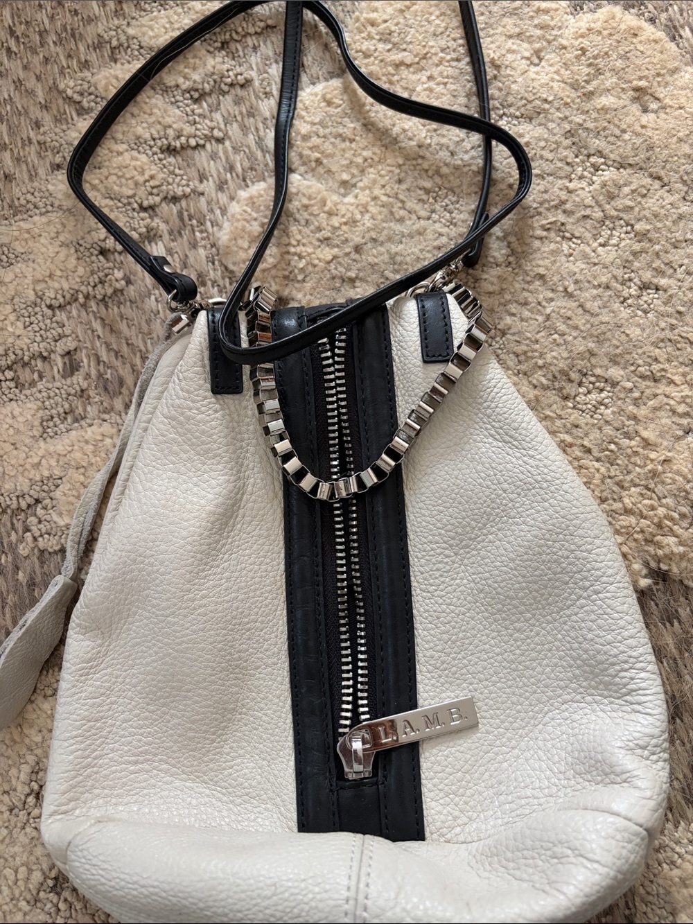 L.A.M.B. Ivory Leather Crossbody with Black Trim & Silver Hardware approx 9”x8”